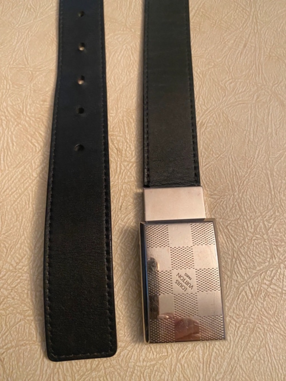 Louis Vuitton Black Leather Belt with Silver Damier-Pattern Buckle